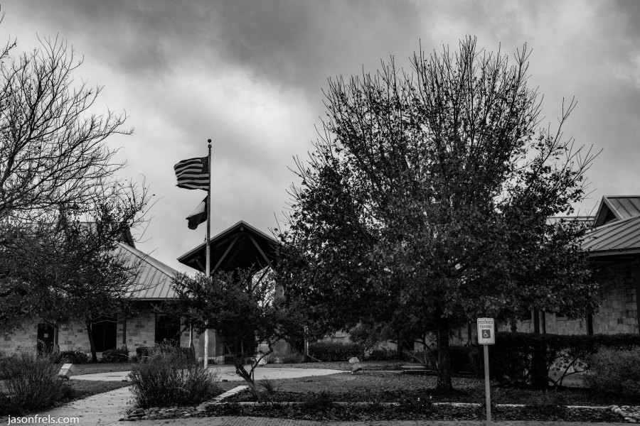 Leander Public Library Cloudy Day black and white