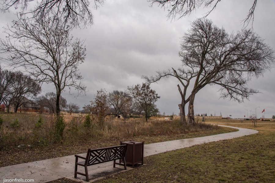 Leander park bench on a cloudy day