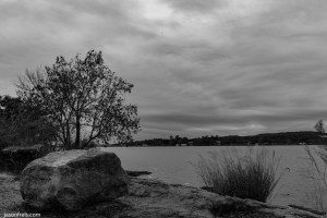 Ink Lake cloudy day in black and white