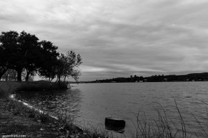 Inks Lake cloudy day in black and white
