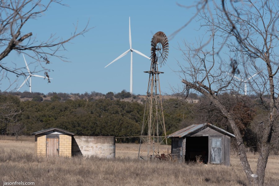Old and new windmills in Texas
