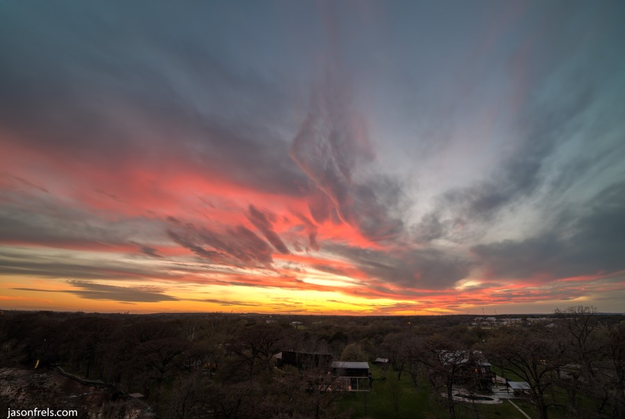 Fiery HDR sunset from Gruene Texas Gruene River Inn