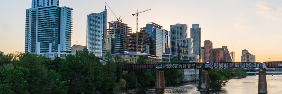railroad bridge in downtown Austin at sunrise