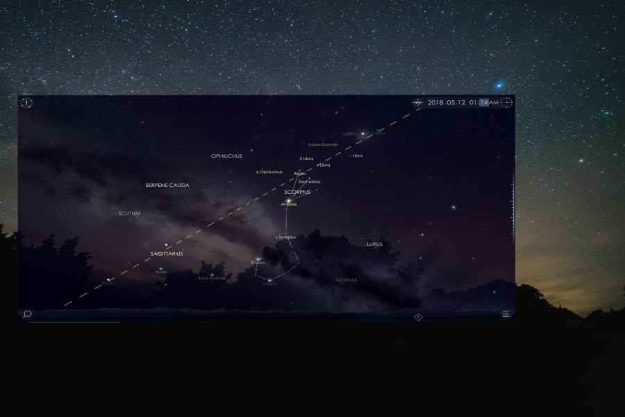 Night sky from Colorado Bend State Park Texas with star map superimposed