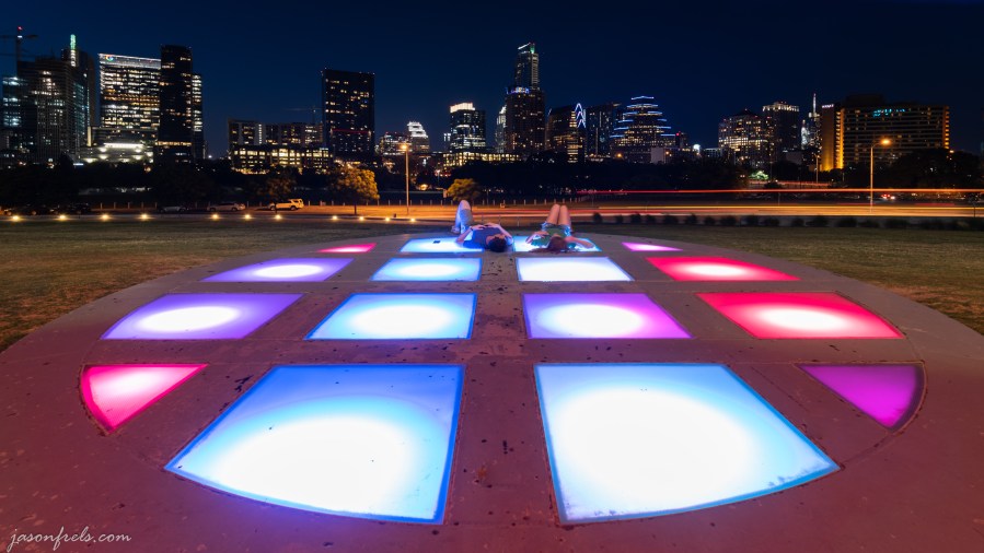 Colored lights at the Long Center in Austin Texas downtown at night