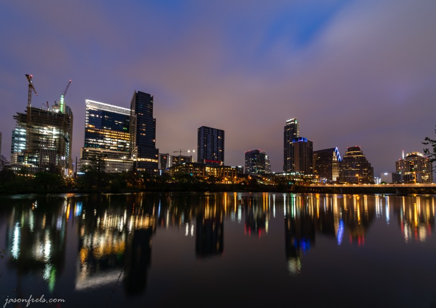 Downtown Austin Texas at predawn twilight reflected in Lady Bird Lake
