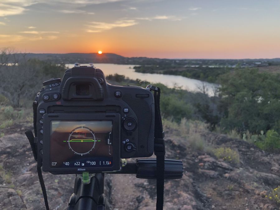 iPhone photo of Nikon D750 on tripod at Inks Lake State Park