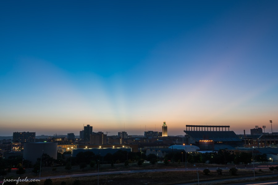 Sunset over University of Texas at Austin at blue hour