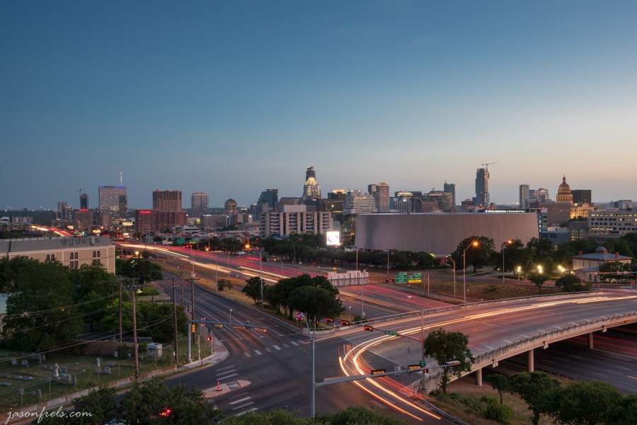 Long exposure of Austin Texas downtown skyline at sunset