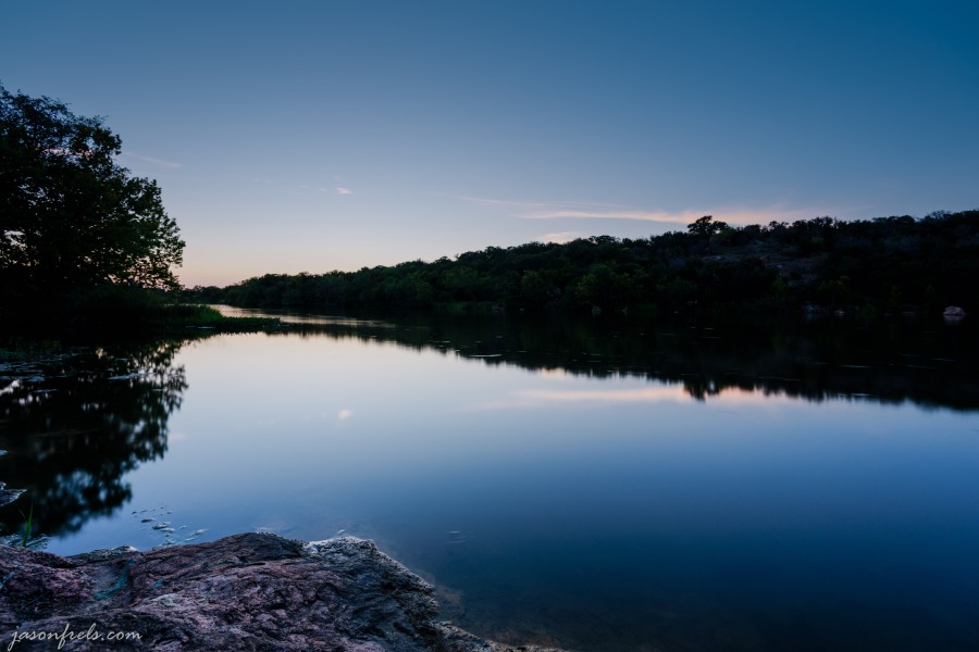 Inks Lake Texas after sunset during blue hour. Long exposure, HDR