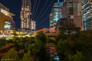 Austin Central Library and Bridge lit at night in HDR