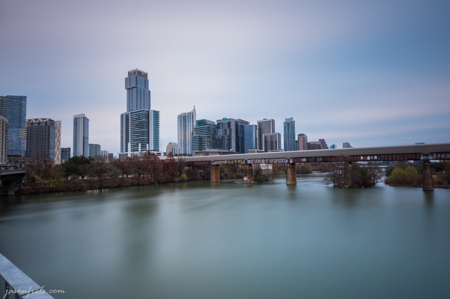Long exposure of downtown Austin Texas on cloudy morning