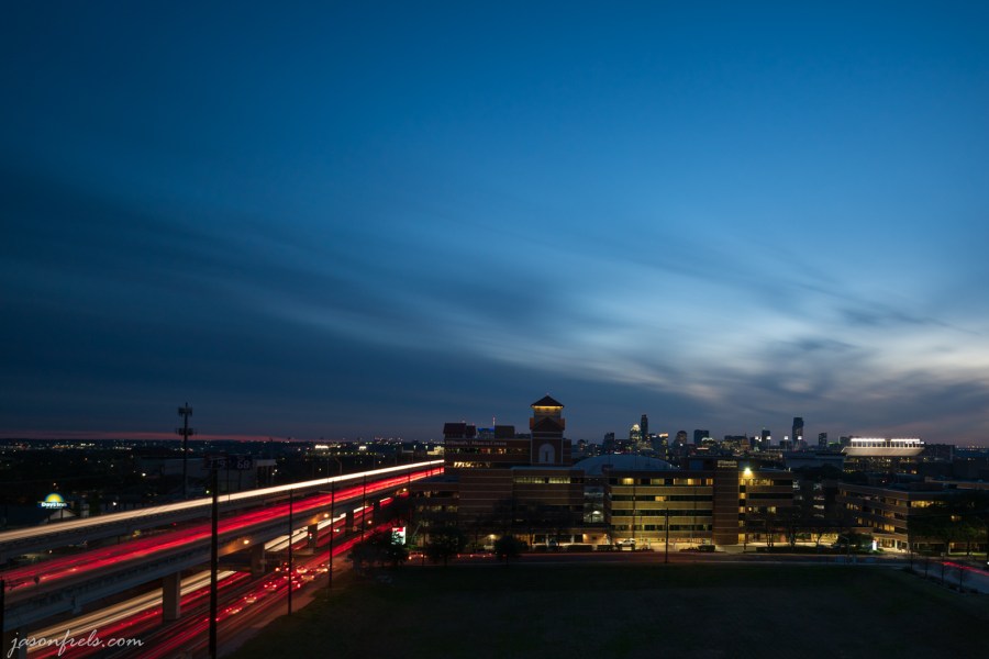 Long Exposure of Austin Texas at sunset with car light trails on Interstate 35