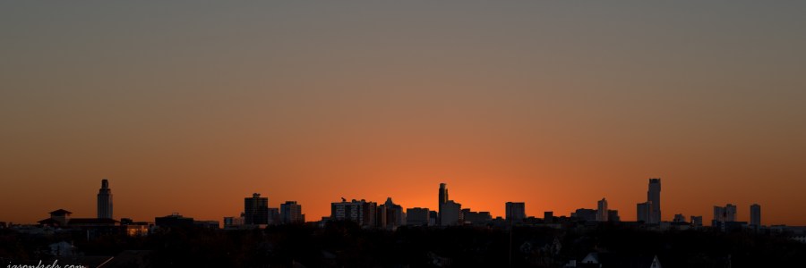 Silhouette of downtown Austin Texas against sunset