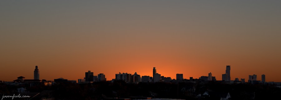 Silhouette of downtown Austin Texas against sunset